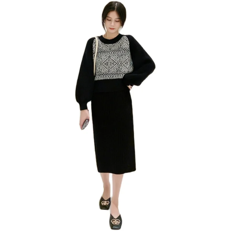 

Winter Woman Knitted 2pcs Suit Loose Sweater + Pencil Mid Skirt for Woman Female Casual Thick Set Ladies Chic Autumn Knit Wear