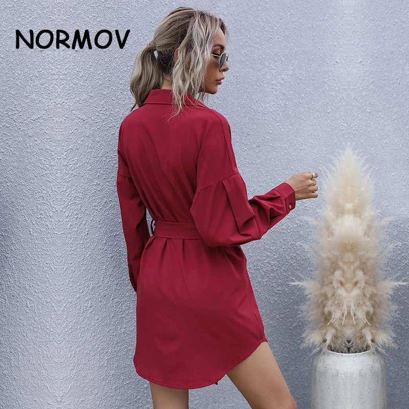 

NORMOV New Long Sleeve Shirt Dress With Corset Belt Casual Dress Women Vintage Sexy Red Fashion Party Dresses Mini Black Vestdos