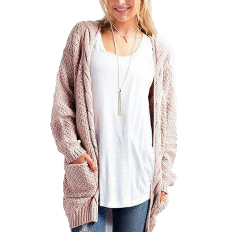 Женский Повседневный вязаный кардиган Серый Свободный белый свитер верхняя
