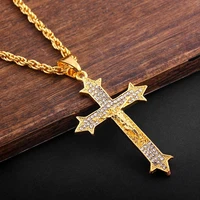 mens gold plated rhinestone crystal jesus cross pendant sweater chain necklace