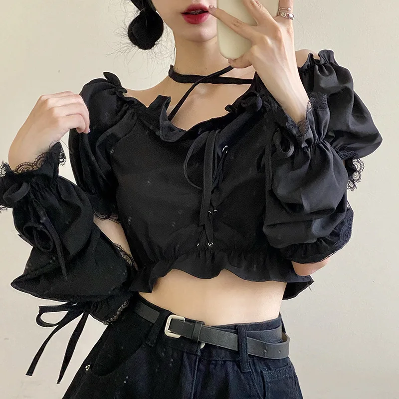 

Сексуальная Готическая Кружевная футболка SANGMAY с рукавами-фонариками, одежда темной горничной, индивидуальный Топ для клувечерние на лето ...