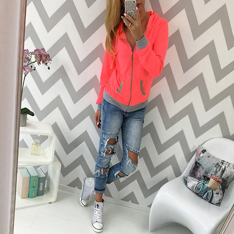 

Women's Autumn Winter Coats Long Sleeve Patchwork Colors Outerwear Casual Pockets Zipper Sweater Top Ladies Outerwear Jackets