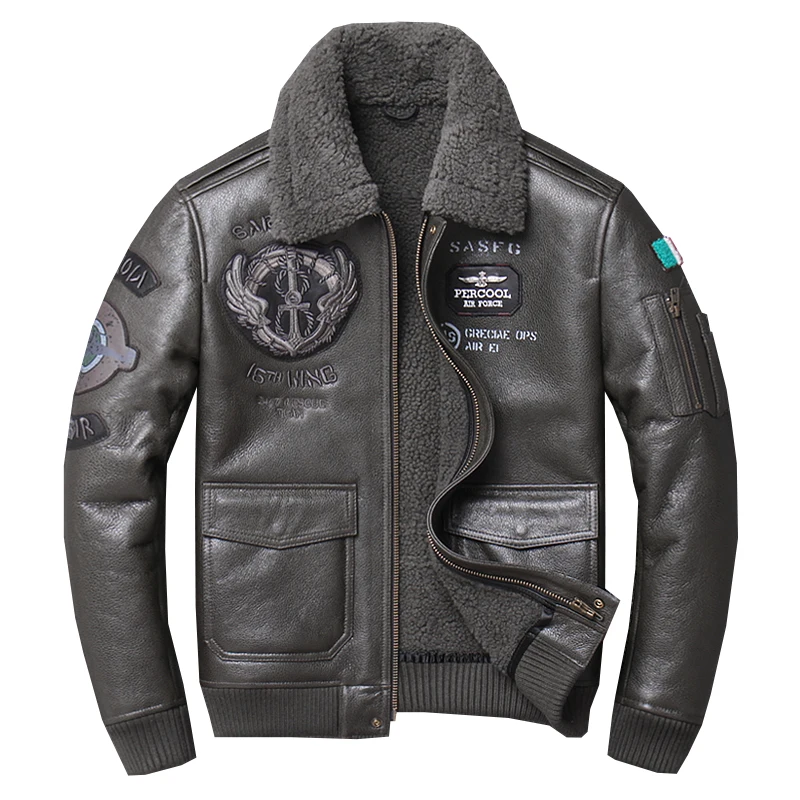 

2020 Brown Men Military Pilot Coat Large Size XXXXL Genuine Sheepskin Winer Thick Slim Fit Shearling Jacket