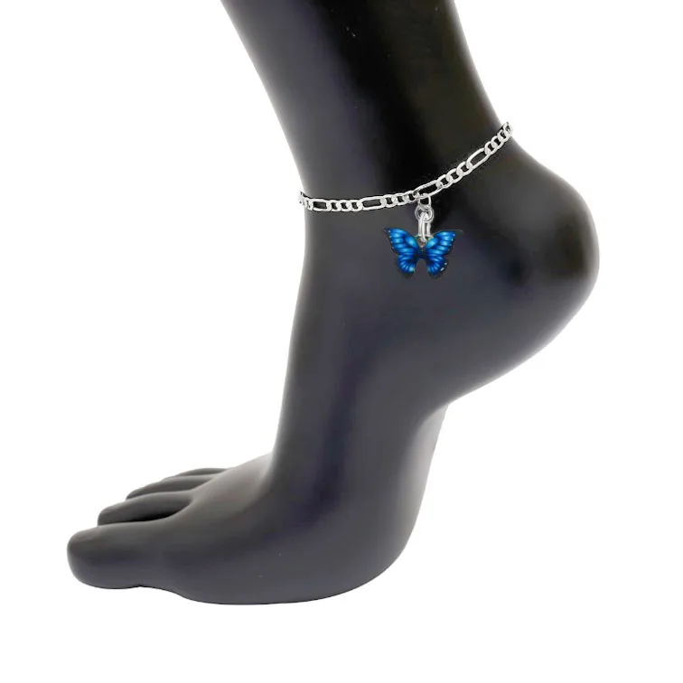 Анклет-бабочка женский модный ножной браслет серебристого цвета с синей