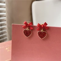2021 new trendy red bow love heart earrings christmas silver needle earrings women pendant piercing ear hook jewelry for gifts