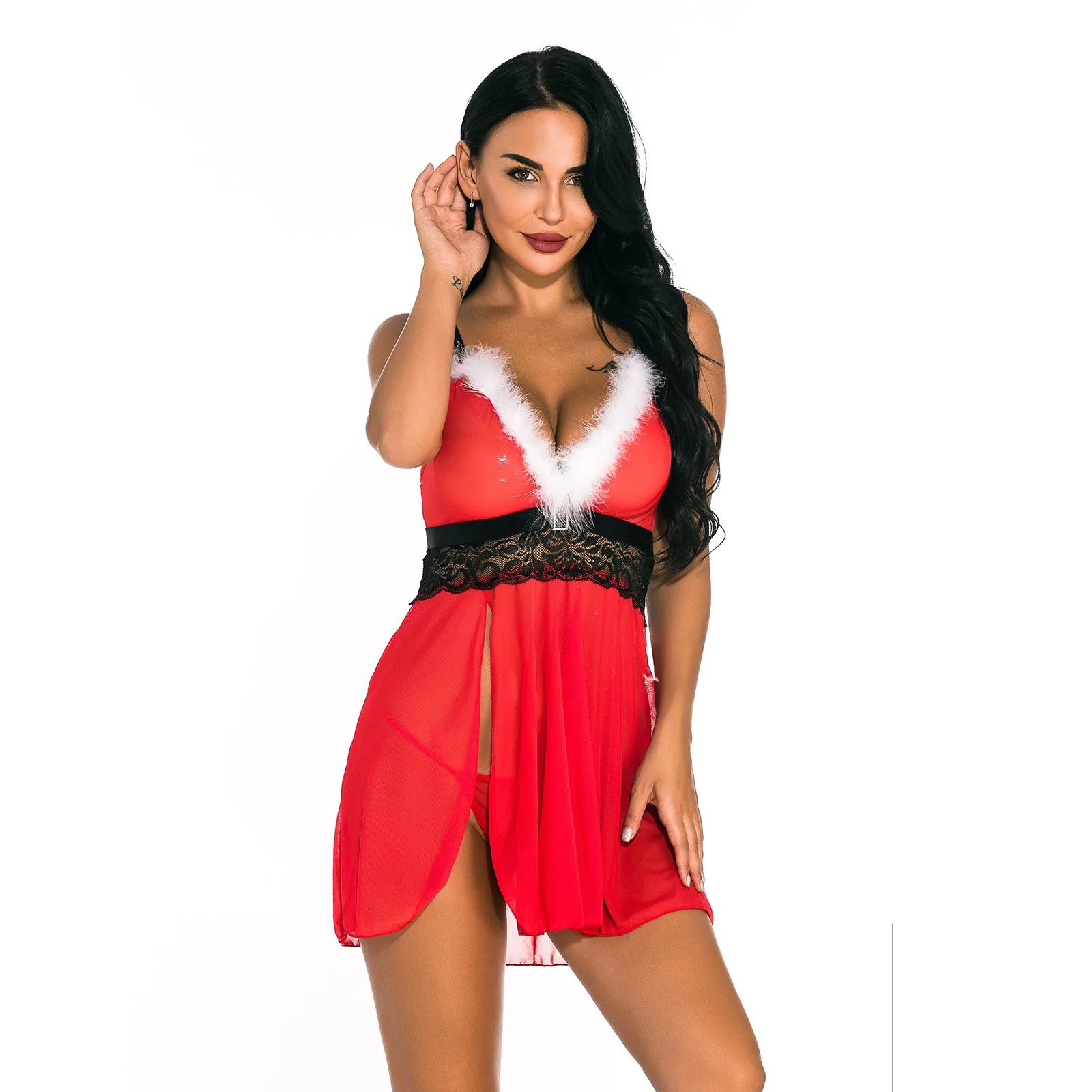 Женское рождественское нижнее белье Кружевная комбинация сорочка с лямкой на