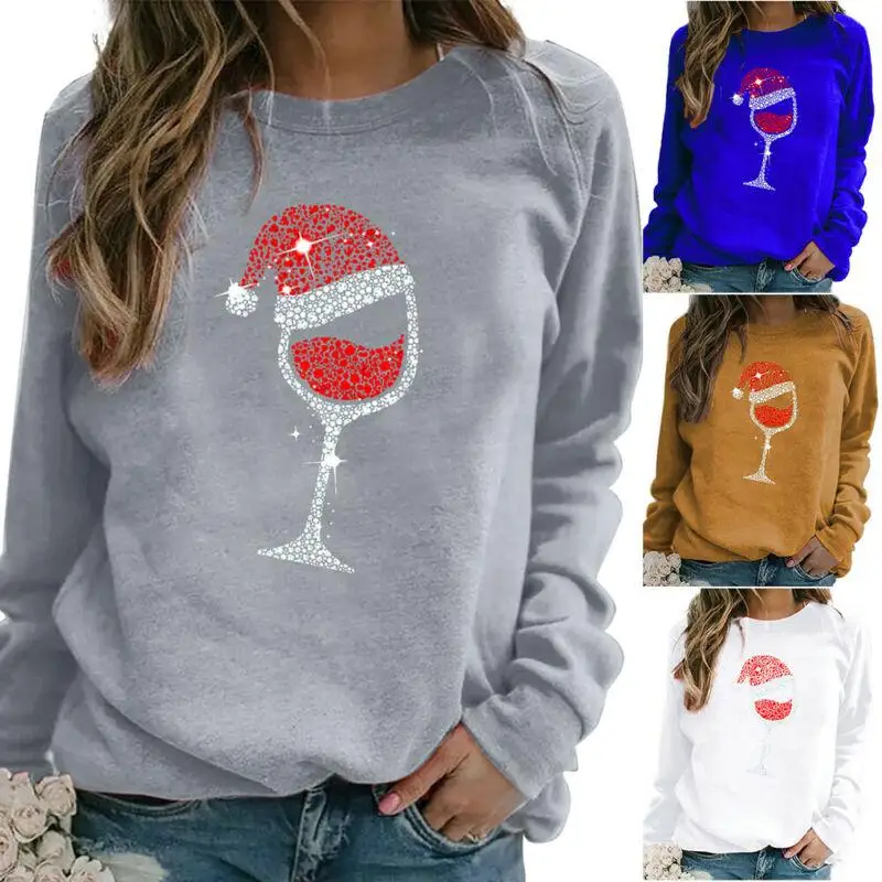 VICABO Рождественская одежда женские рубашки с длинным рукавом и круглым вырезом