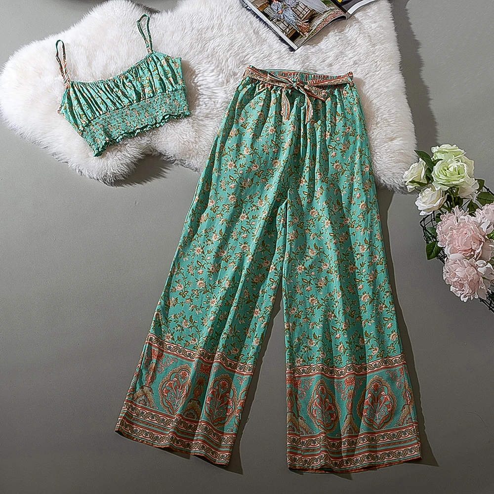 

Cthink Summer 2020 Holiday Green Print Prairie Chic Two Piece Set Elegant Crop Top And Wide Leg Pant Flower 2 Piece Set Women