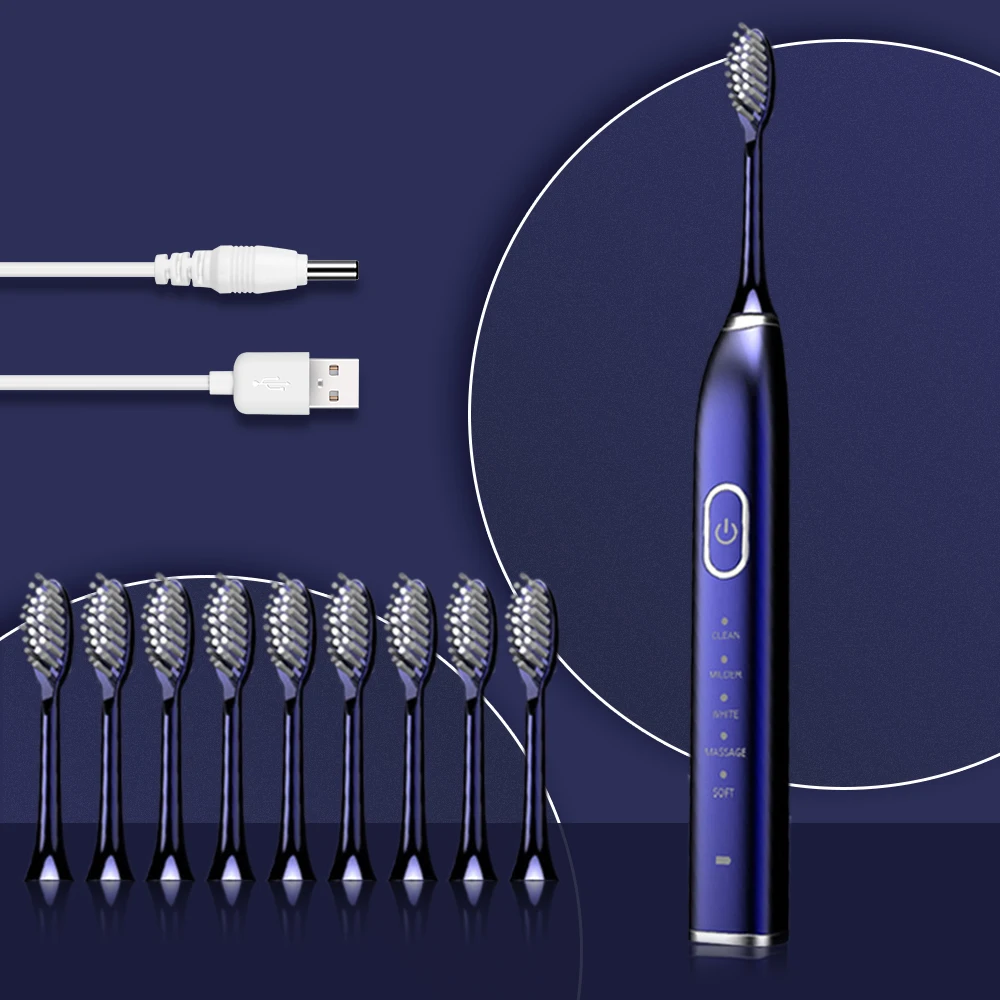 10 Modes Automatic Sonic Electric Toothbrush Rechargeable USB Charger Ultrasonic Teeth Brush for Adults 5/ Replacement Heads | Бытовая