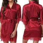 Женская атласная ночная рубашка, мини-платье с V-образным вырезом, кружевная блузка, однотонный халат, 3FS