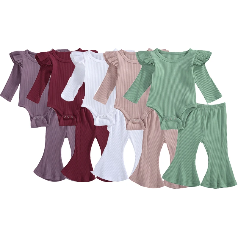 

Newborn Infant Baby Girls 2PCS Knitted Outfit Solid Ruffle Long Sleeve Round Neck Button Romper Elastic Bell-Bottom Long Pants