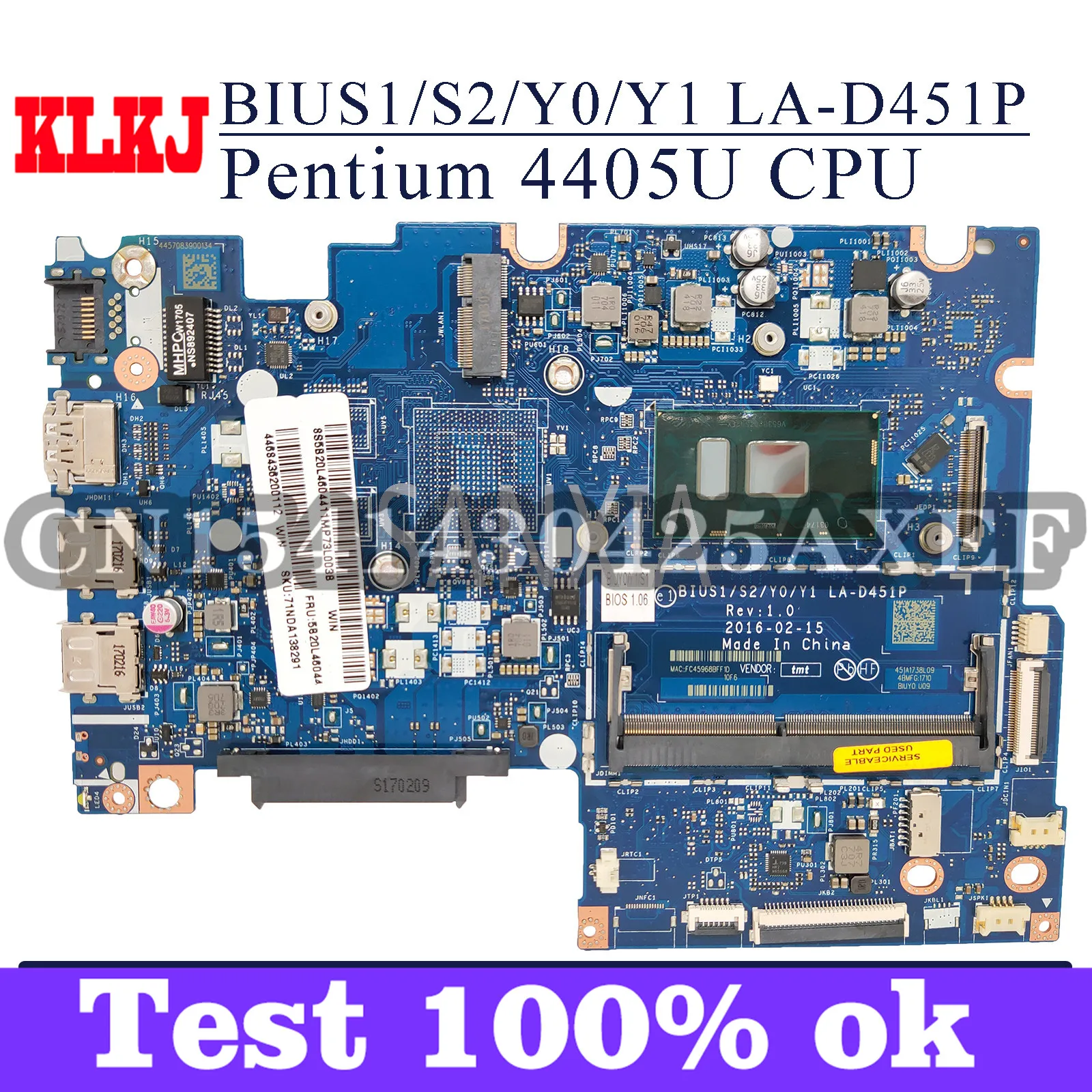 KLKJ LA D451P материнская плата для ноутбука Lenovo YOGA 510 14ISK Flex4 1470 оригинальная Intel Pentium 4405U