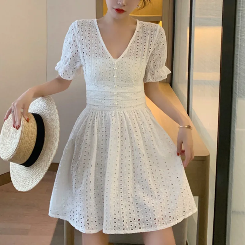 

Sweet Mini Dress Chic Heavy Hollow Out Solid Slim Waist Elegant Dresses Sexy V-neck Puff Short Sleeve Vestidos Summer Clothes