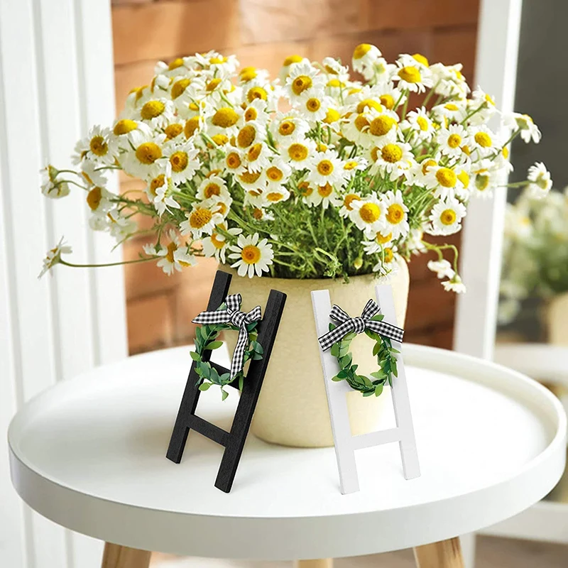 

2Pcs Wooden Ladder Tray Decoration Frame Black&White Plaid Farmhouse Ladder Sign Decor Summer Rustic Sign Decoration