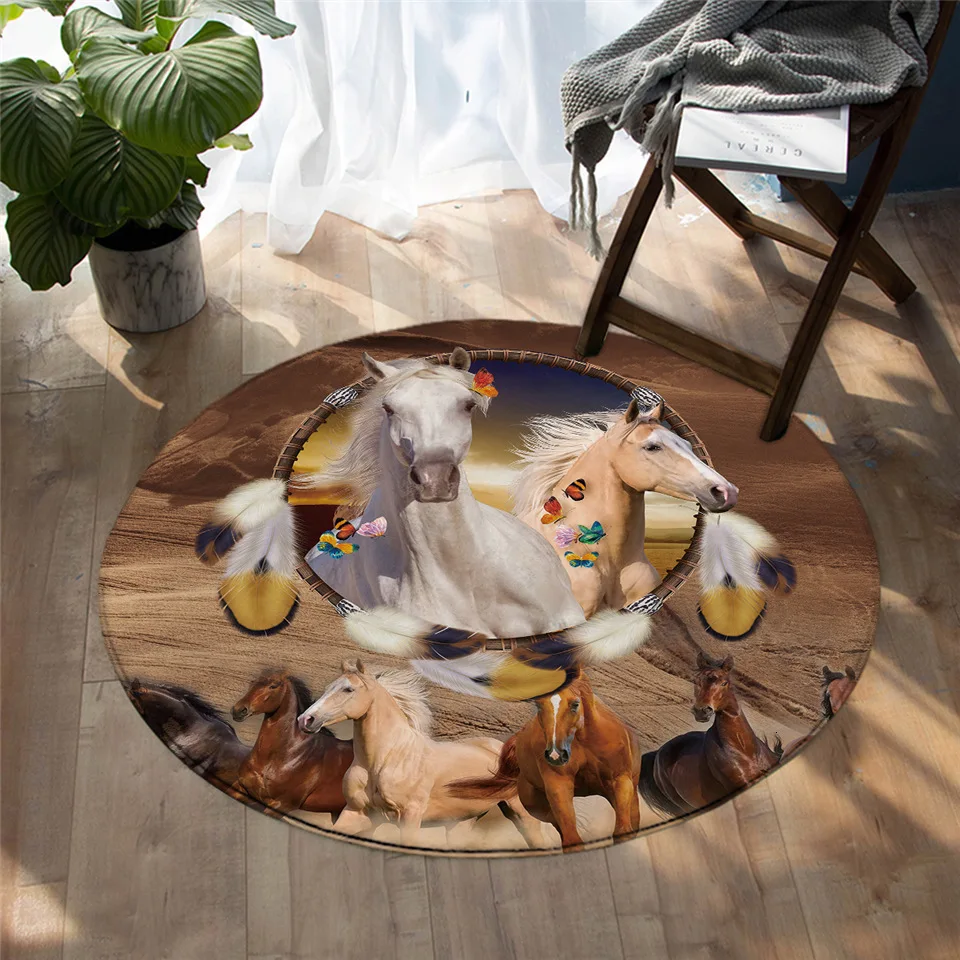 BeddingOutlet 3D Animal Floor Mat Dreamcatcher Round Carpet Galloping Wild Horse Area Rugs Butterfly Non-slip Yoga Mat 150cm