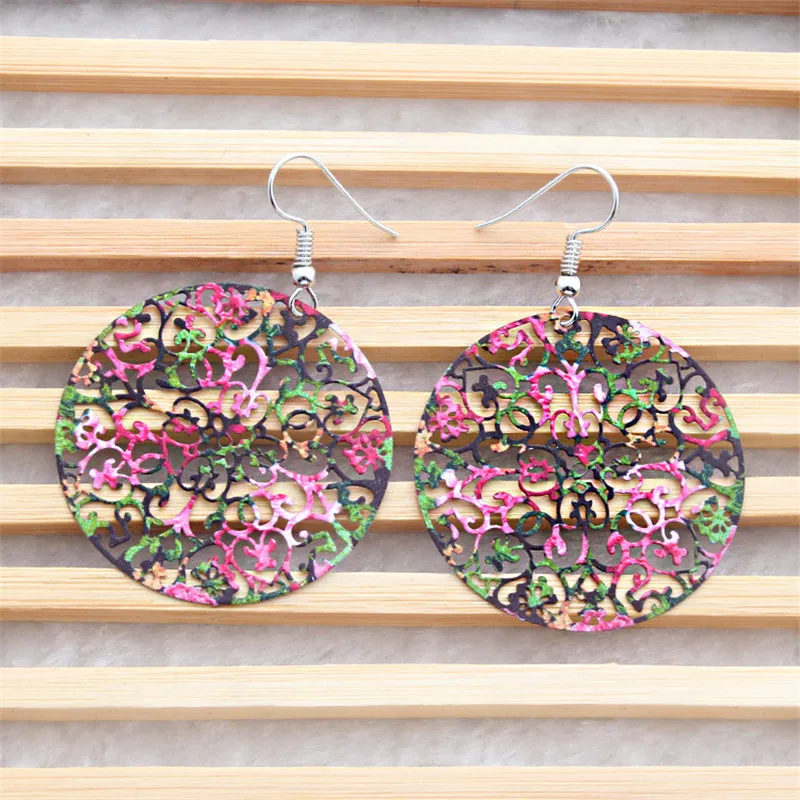 Трендовые красочные круглая филигрань серьги для женщин полый цветок Силуэт