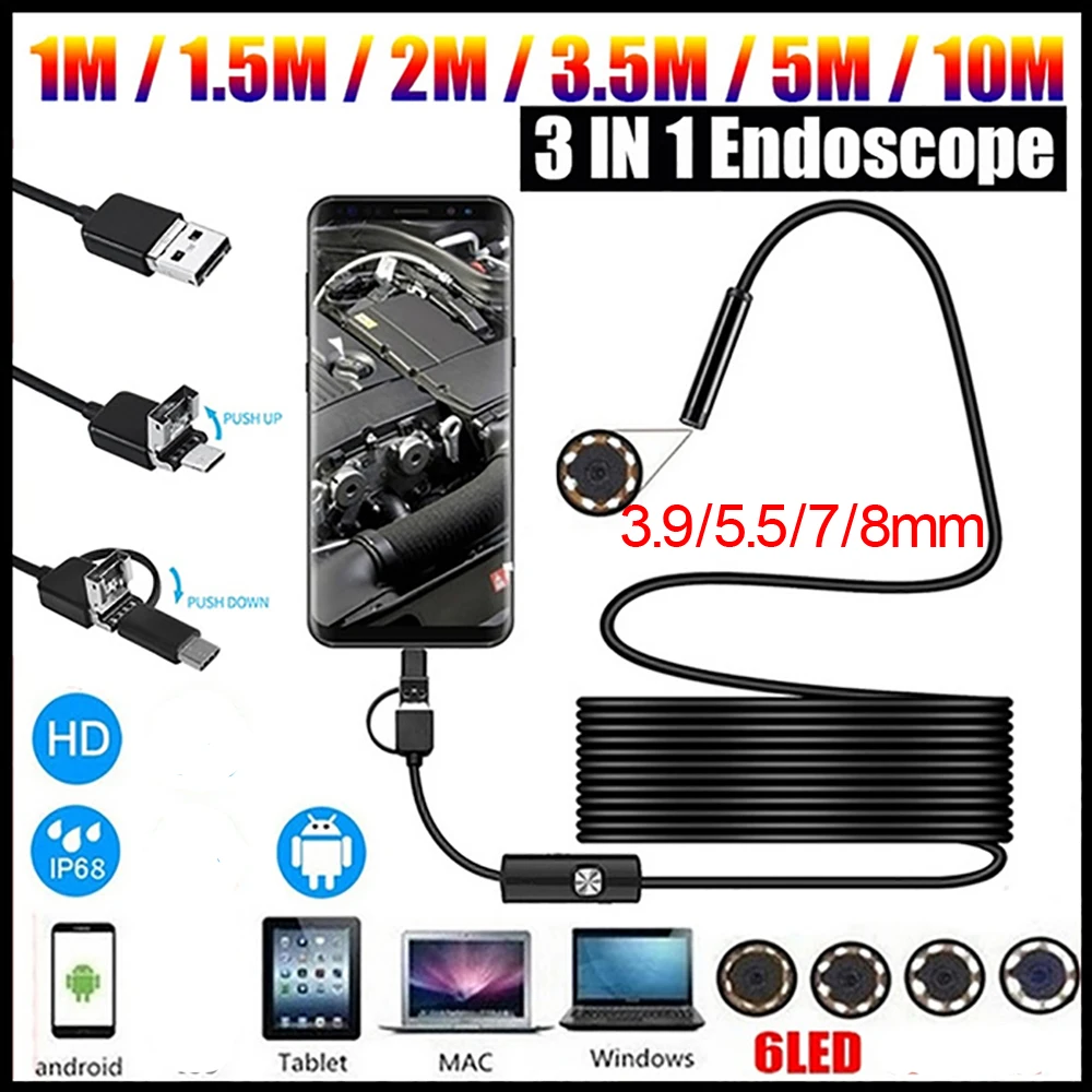 Car Endoscope for Android Smartphone 3 in 1 Endoscopic Sewer Type c Mobile Mini Video Inspection Camera Micro Usb Borescope 10m