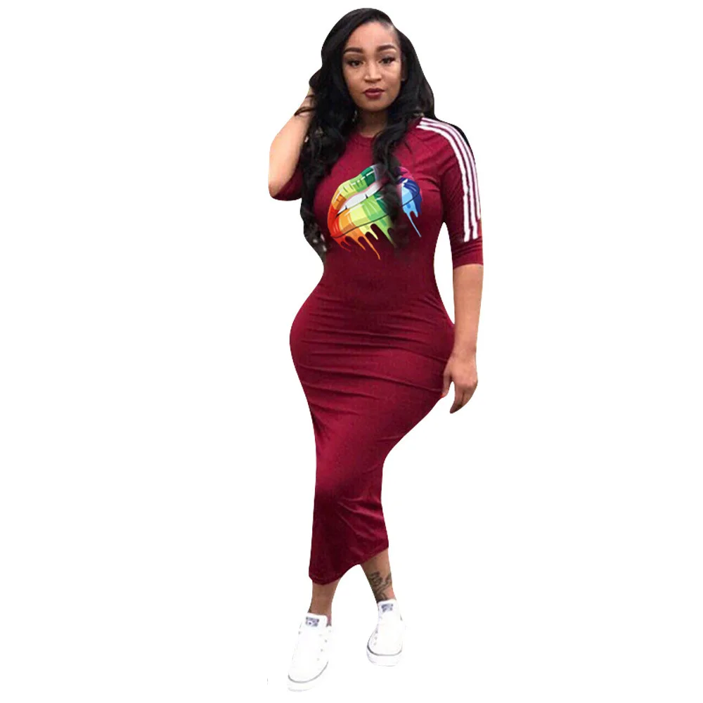 Повседневное Для женщин Bodycon платье летние модные разноцветные радужные губы офсетная печать обхват талии, обхват бедер, ужин платья для Для женщин vestidos mujer
