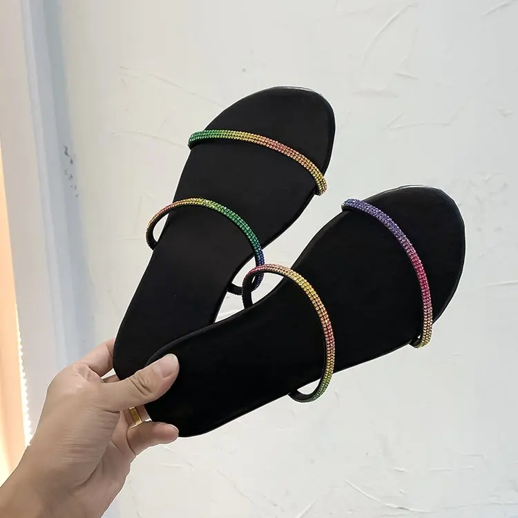 

Outside Fashion Leather Woman Summer Slippers Open Toe Crystal Women Shoes Flat Slippers Casual Shoes Flat Slippers