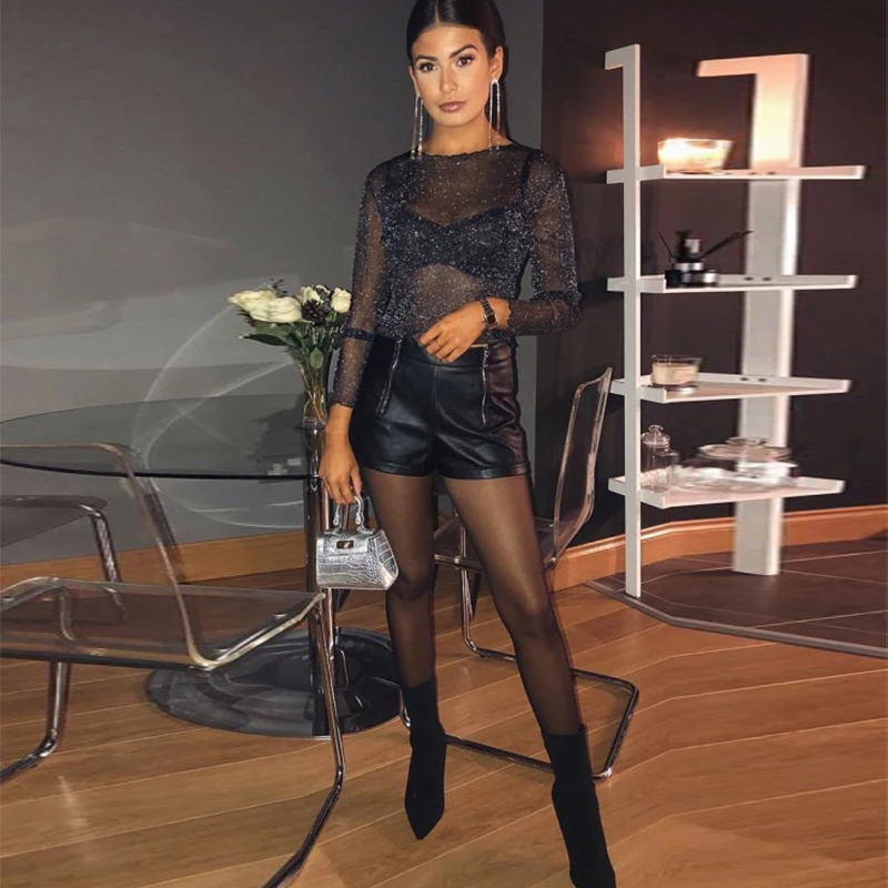 Лидер продаж Женская пикантная сетчатая рубашка с длинными рукавами топ оборками в пупок Клубная одежда для