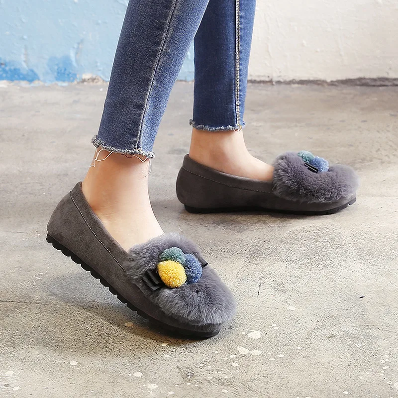 Koovan Women's Fur Flats Shoes Female Autumn Winter 2021 New Wool Cotton Shoes Outside Wear Rabbit Fur Flats For Women