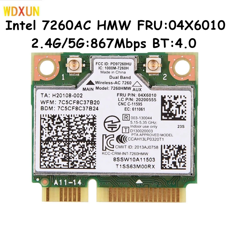 Dual Band Wireless  Intel 7260 7260ac 7260HMW 802.11ac Mini PCI-E Wifi BT4.0 Card 867M For Lenovo IBM Thinkpad 04X6090 04X6010