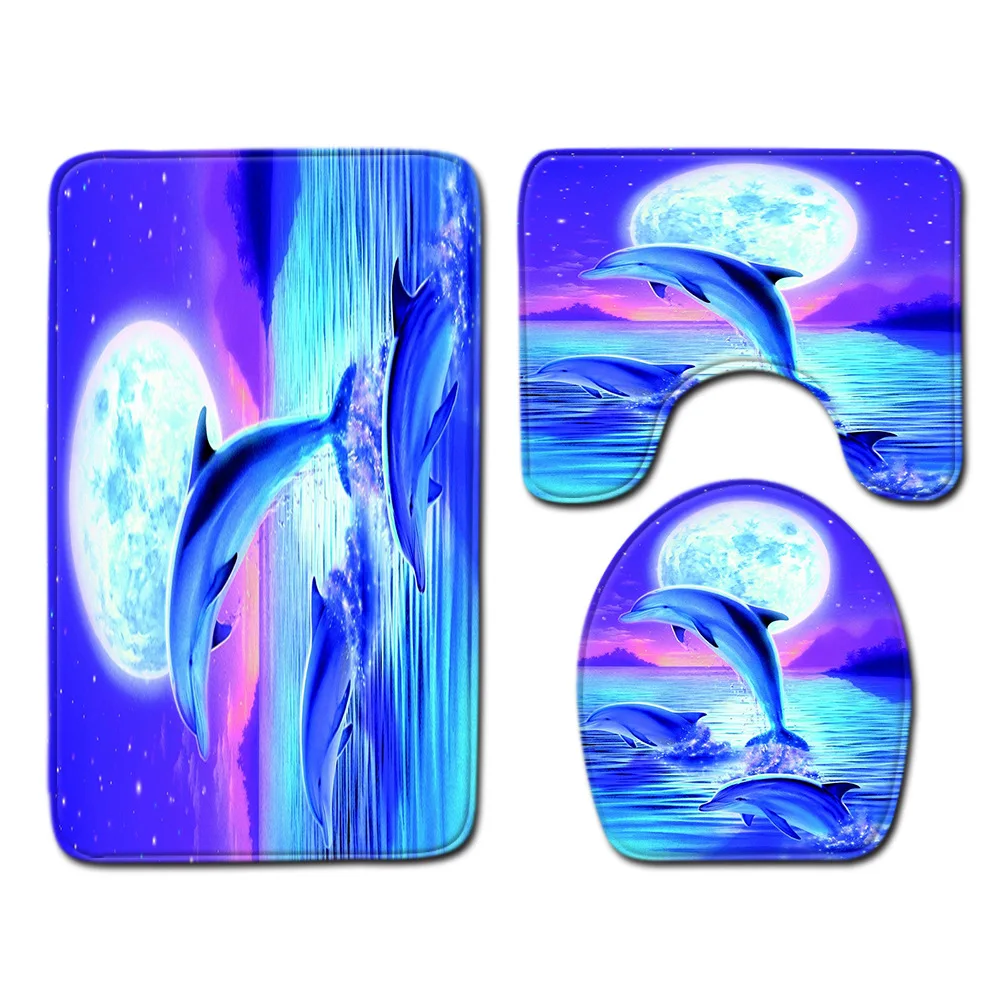

Dolphin Print Bath Mat and Waterproof Shower Curtain Set Absorbent Bathroom Carpet Rug Washable Toilet Mat Non-slip Foot Rug Set