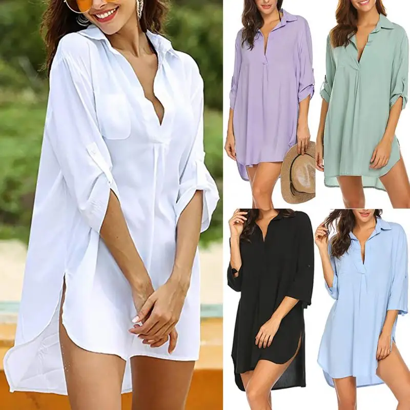 Summer women's veil sexy deep V neckline solid color shirt beach skirt beach sunscreen swimsuit blouse