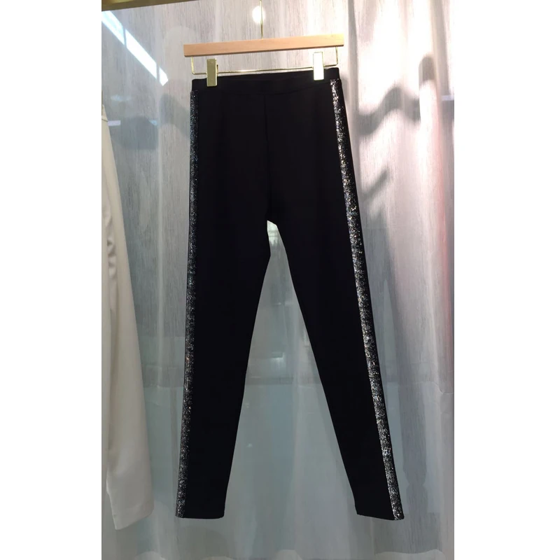10.19  HIGH QUALITY !!!  Women Fashion Side sequin Elastic waist Black pencil small Feet pants