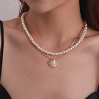 bohemian pearl chian scallop alloy pendant necklace for women fashion simple handmade double layer chian choker temperament gift