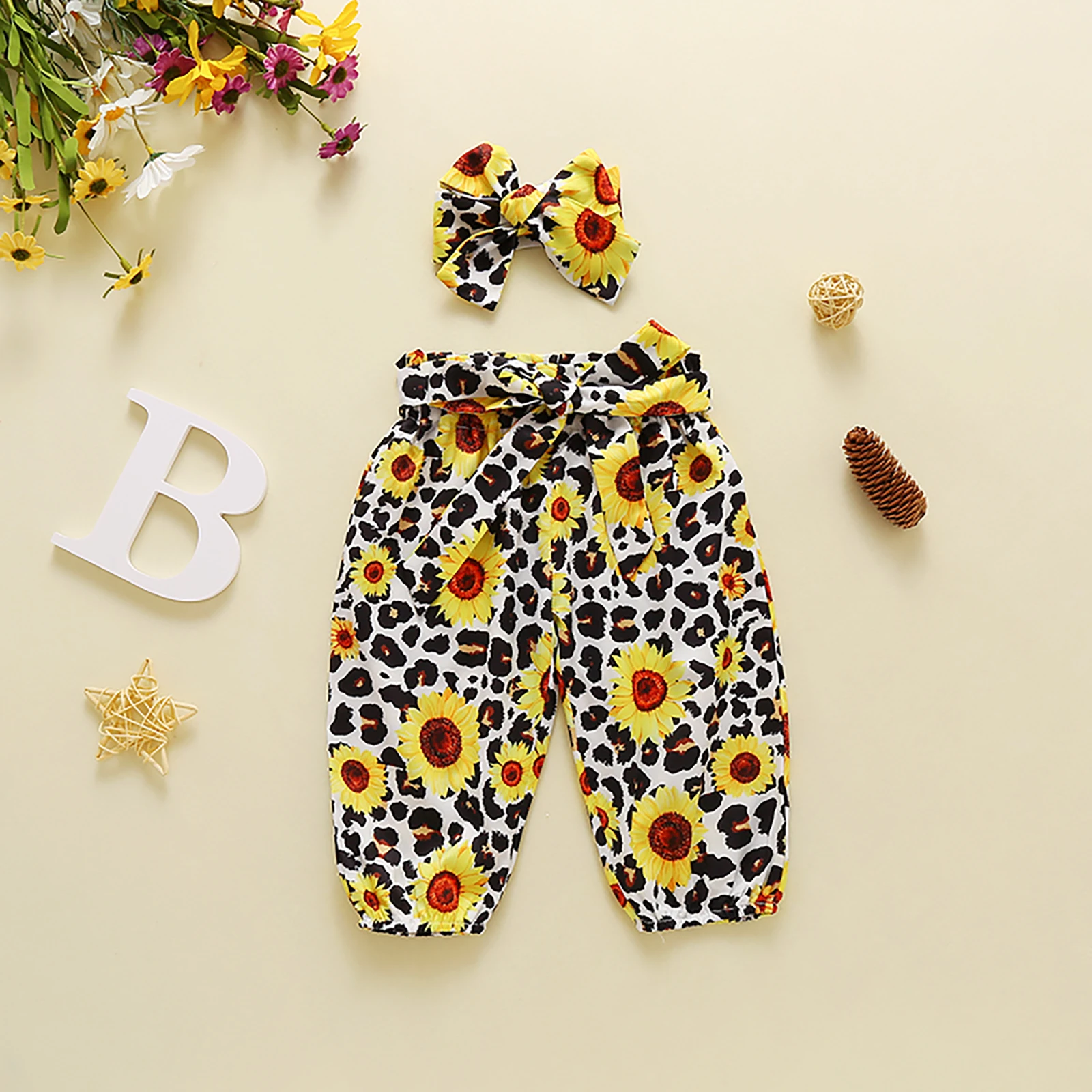 

3 Pcs Baby's Cotton Suit White Round Neck Long Flying Sleeve Romper Leopard Lace-up Loose Trousers Sunflower Bow Headband