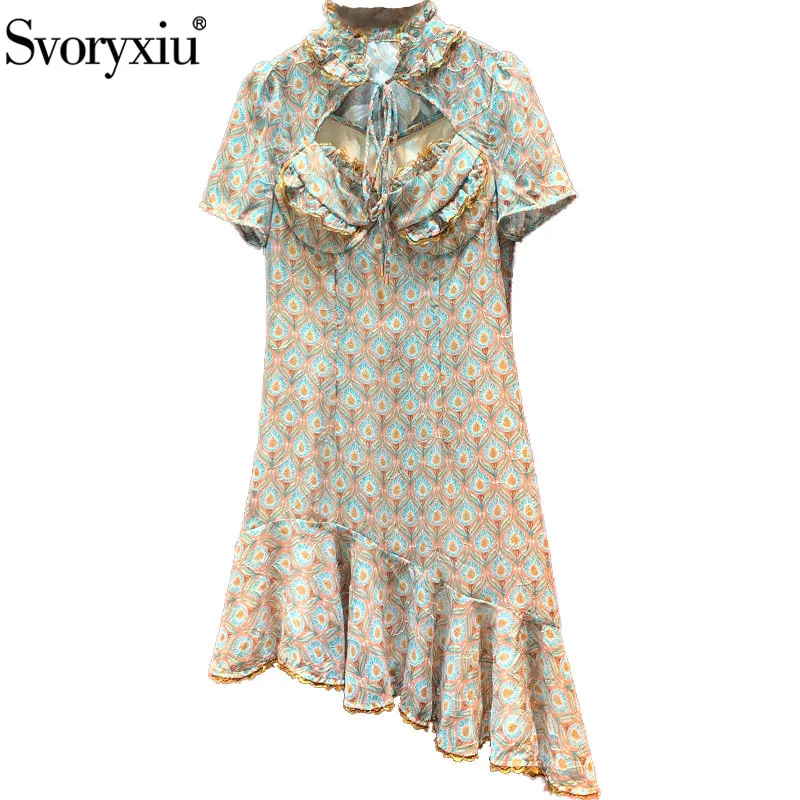 

Svoryxiu Designer Fashion Summer Sexy Dresses Women's Short Sleeve Flower Print Lace Ruffles Asymmetrical Dress Vestdios
