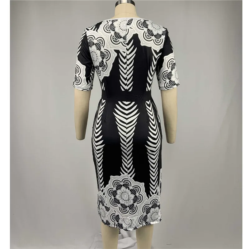 

5XL Sexy O neck Half-sleeve High waist tie printed Bodycon Office dress female Women Plus Size 5xl