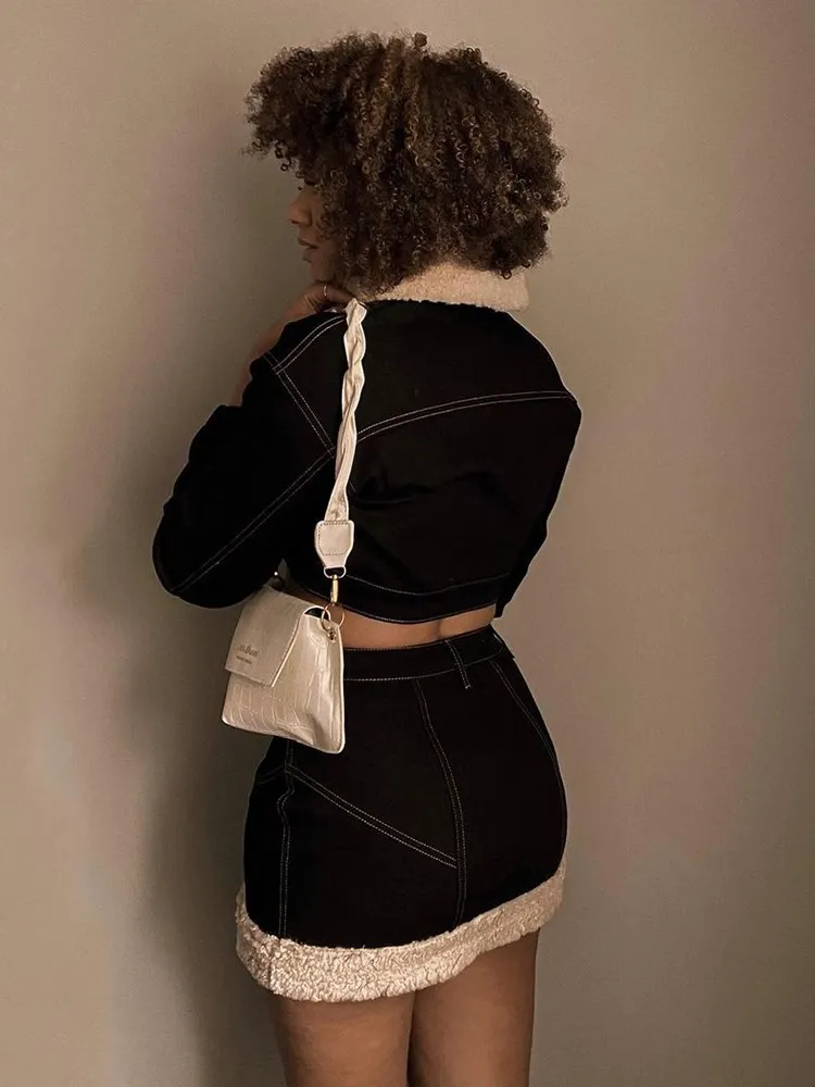 Флисовая черная джинсовая юбка InsGoth Goth в стиле Харадзюку гранж-панк облегающие