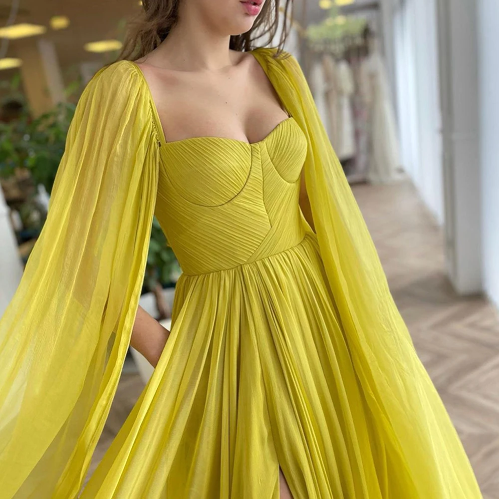 

Tulle Slit Evening Dresses Long Luxury 2021A-Line Sweetheart Yellow Eleglant Prom Gown Gorgeous Custom Skirt Vestidos de fiesta