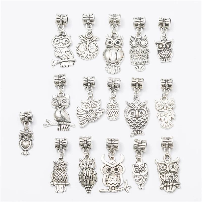 

16pcs/Lot Mixed Styles Tibetan Silver Color Zinc Alloy Random Big Hole Owl Charms Pendant DIY Handmade Craft For Jewelry Making