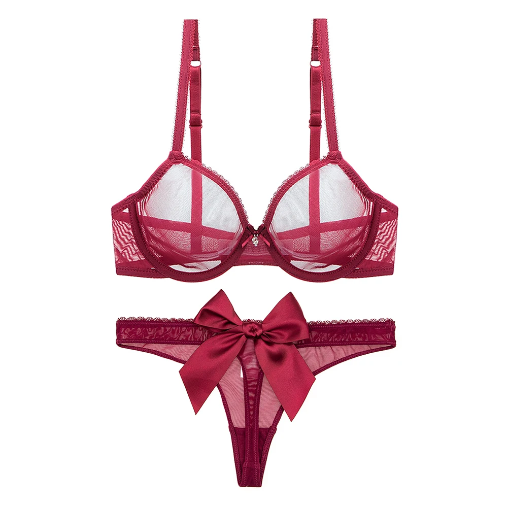 

Women's burgundy transparent lace ultra thin elastic mesh bra sexy erotic satin big bow thong 2pieces/set CYHWR