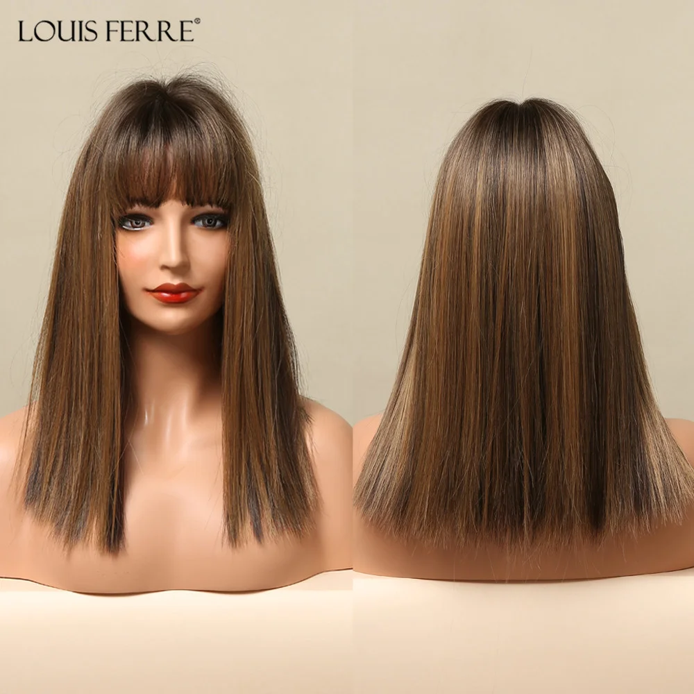 Louis Ferre - Black women's synthetic straight wig short brown hair for Cosplay magazine |