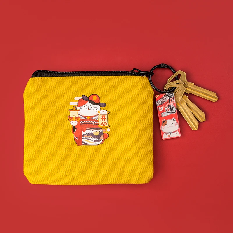 Japanese Lucky Cat Canvas Keychain Maneki Neko Trinkets Pendant Good Luck Fortune Wealth Students Coin Bag Ladies Small Wallet
