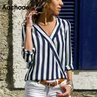 Женская полосатая блузка Aachoae, с длинным рукавом и V-образным вырезом, повседневные топы, 2021