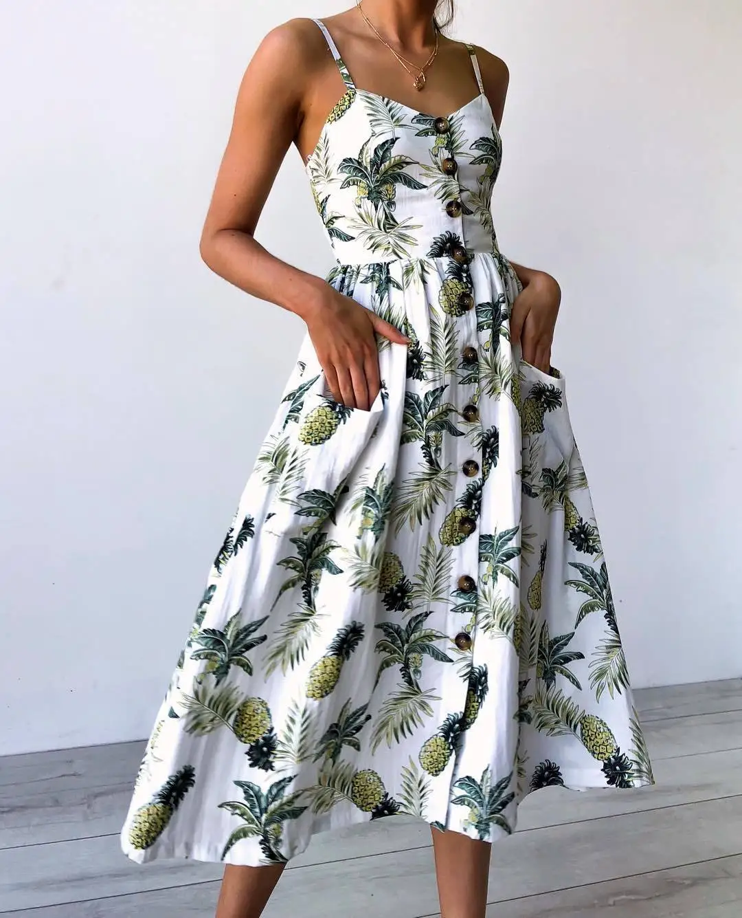 

sun dresses for women 2021,Summer backless sexy spaghetti strap sleeveless v neck high waist button up printed midi sundress