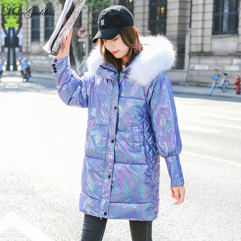 

Женская зимняя блестящая куртка MokoFashion, новая парка средней длины с капюшоном и меховым воротником, женское повседневное теплое пальто, 2020