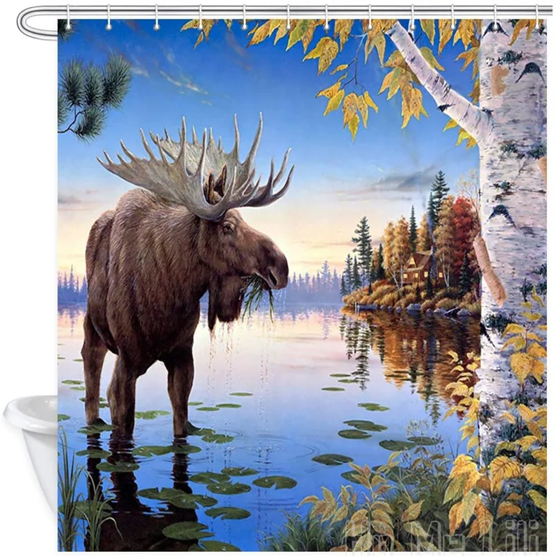 

Fall Moose By Ho Me Lili Shower Curtains For Bathroom Autumn Scene Animal Elk Leaves Birch Forest River