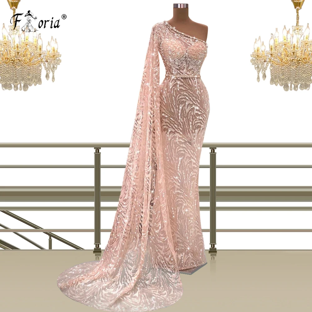 

Женское вечернее платье с юбкой-годе, розовое платье с запахом на одно плечо, кружевное платье с бусинами в арабском стиле, для выпускного ве...