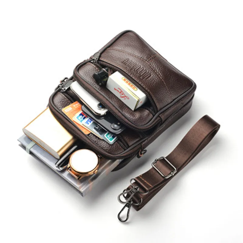New Men's Leather Waist Bag Multi-function Mobile Phone Bag Head Layer Cowhide Body Bag Male Chest Bag Shoulder Bag