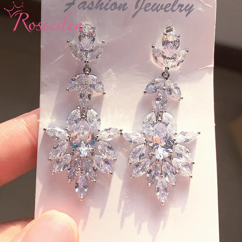 

Zircons Elegant Evening Party Wedding Earrings Luxury Long Full CZ Crystal Big Drop Dangle Earrings RE3373