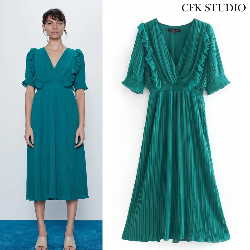 Женское шифоновое платье Mididress повседневное Длинное Зеленое однотонное с v