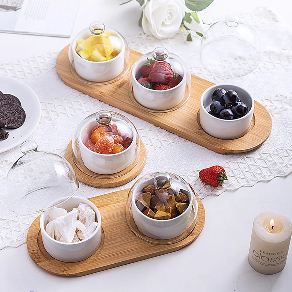 

1 Pcs 3 Grid Ceramic Cake Dessert Cup with Cover Yogurt Souffle Bowl Elegant Pudding Ice-Cream Cup Snack Fruit Bowl Tableware