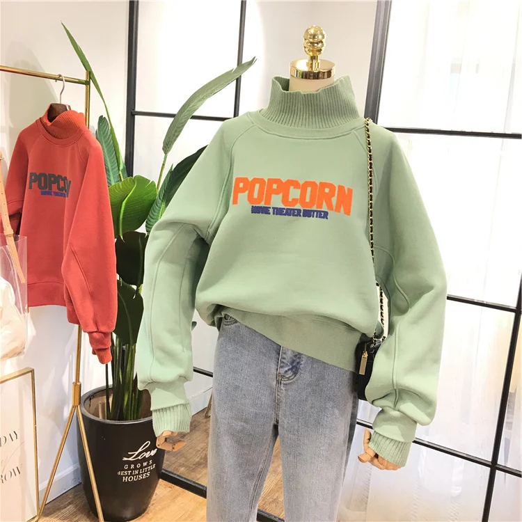 Korean Autumn New with Velvet Thick Hoodies Women High Collar Knit Spliced Loose Shirt Leisure Students Letter Sweatshirt Tops | Женская