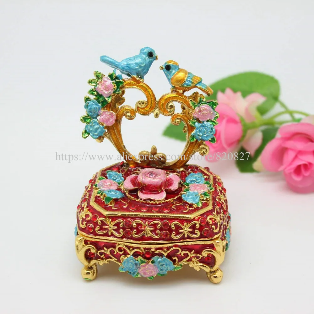 Винтажная ручная роспись Love Birds Faberge яйцо Горный Хрусталь Шкатулка для бижутерии двойные ювелирные изделия с изображениями птиц коробка